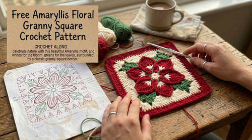 Mary Benjamin holding a finished Free Amaryllis Botanical Granny Square Crochet Pattern: Modern Floral Crafting Guide.