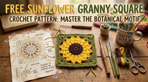 Mary Benjamin holding a finished Free Sunflower Granny Square Crochet Pattern: Master the Botanical Motif.