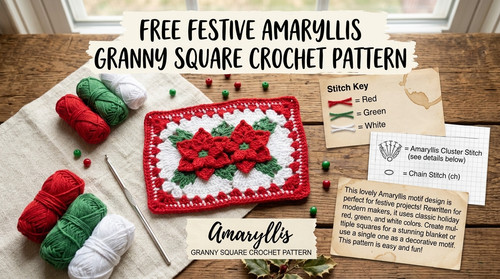 Mary Benjamin holding a finished Free Festive Amaryllis Granny Square Crochet Pattern: Step-by-Step Guide.