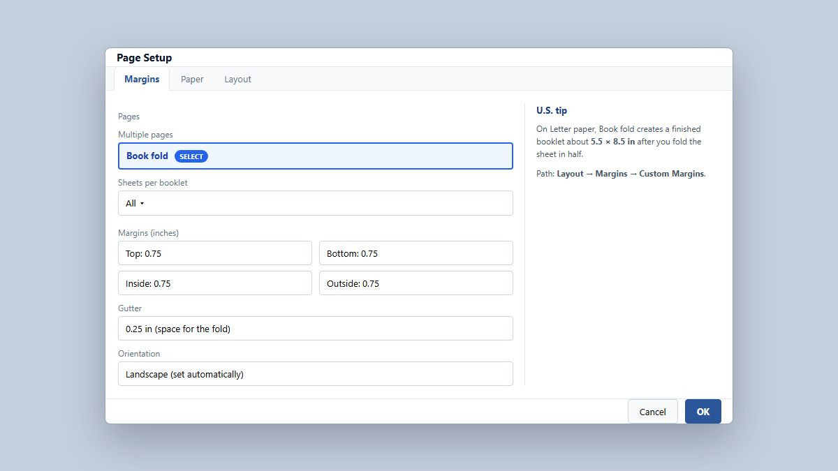 Word Page Setup Margins tab with Multiple pages set to Book fold