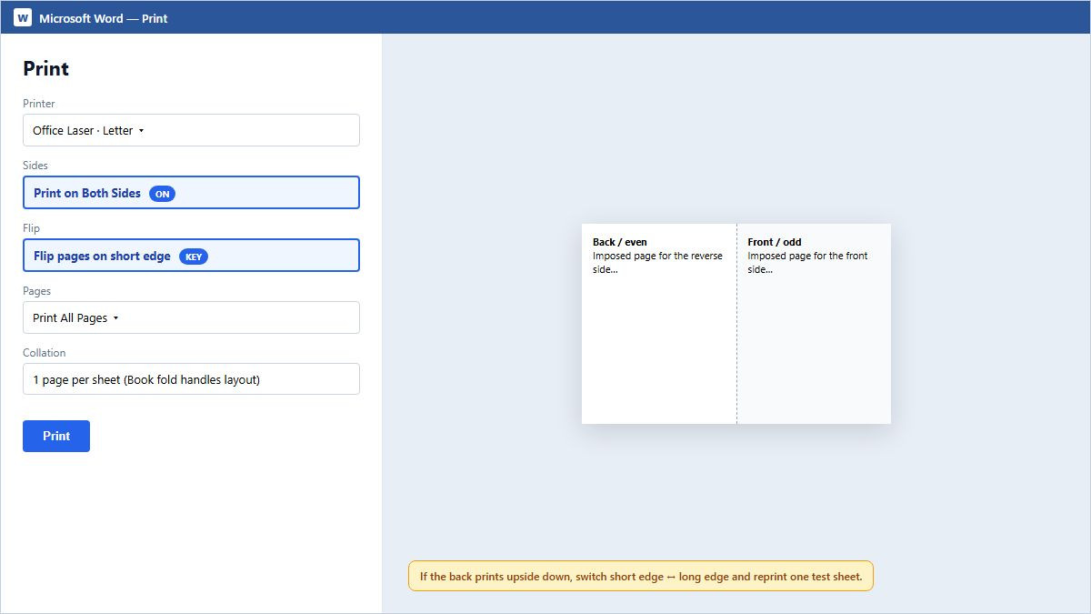 Word Print screen with Print on Both Sides and Flip on short edge