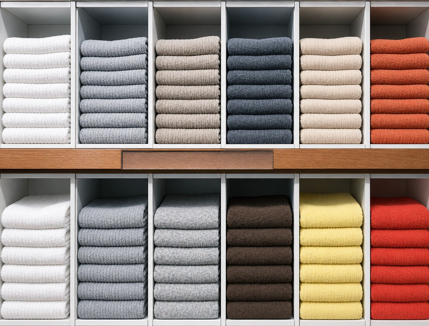 Shelves of folded towels for wholesale supply
