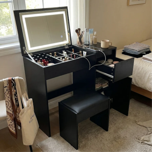 Matching My Room Decor with This Black Vanity Table with Mirror and Lights.png