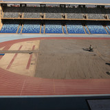 Construction workers are seen at work at the Marrakesh Stadium in the Moroccan capital on December 5