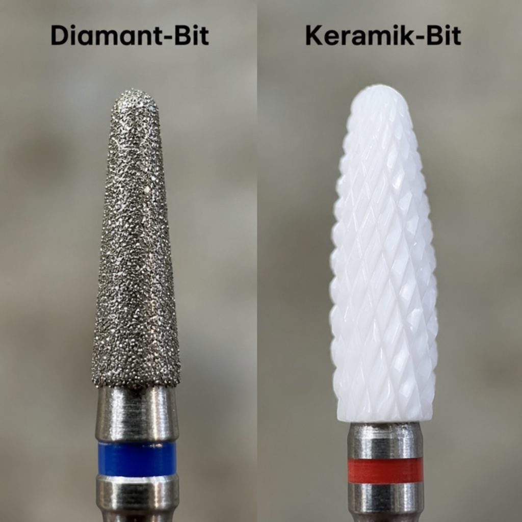 Vergleich zwischen einem Diamant-Bit und einem Keramik-Bit in der Nahaufnahme