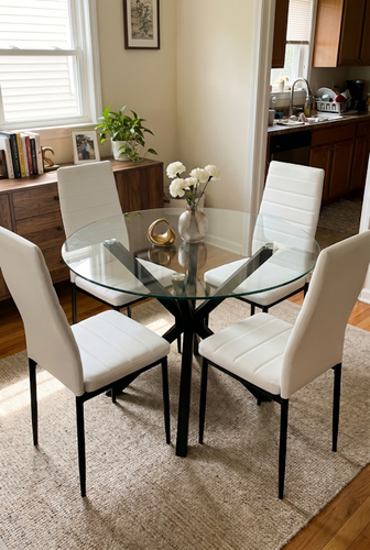 Skyra round glass dining table and 4 white chairs for compact dining.png