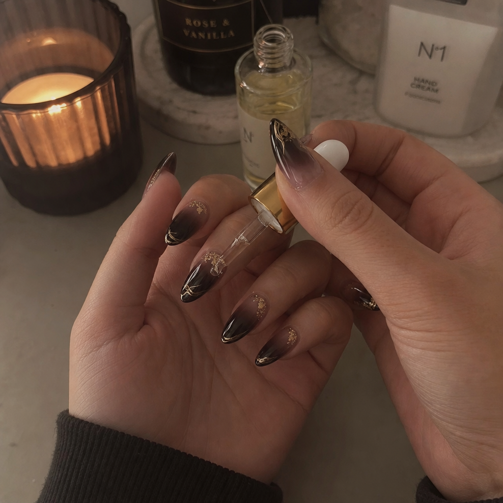 Dark Ombré Nails mit goldenen Akzenten und Hände bei der Pflege