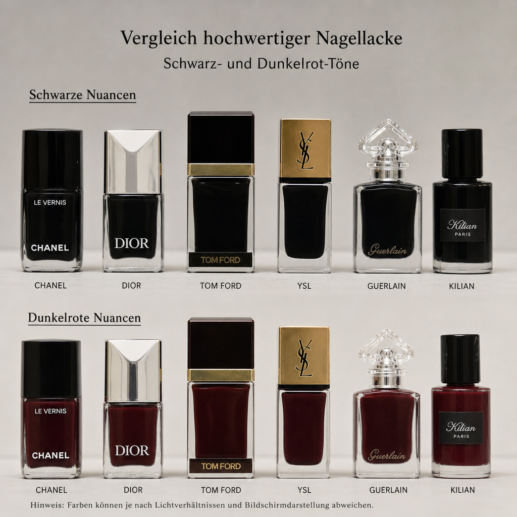 Vergleich verschiedener schwarzer und dunkelroter Nagellackfläschchen der Premiumklasse