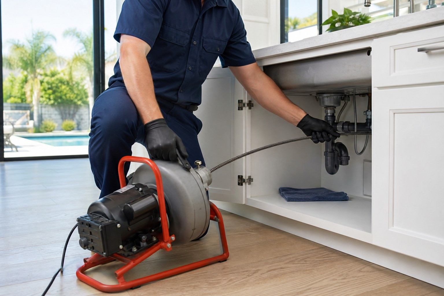 Plumber performing professional drain cleaning service in a Stockton, CA home