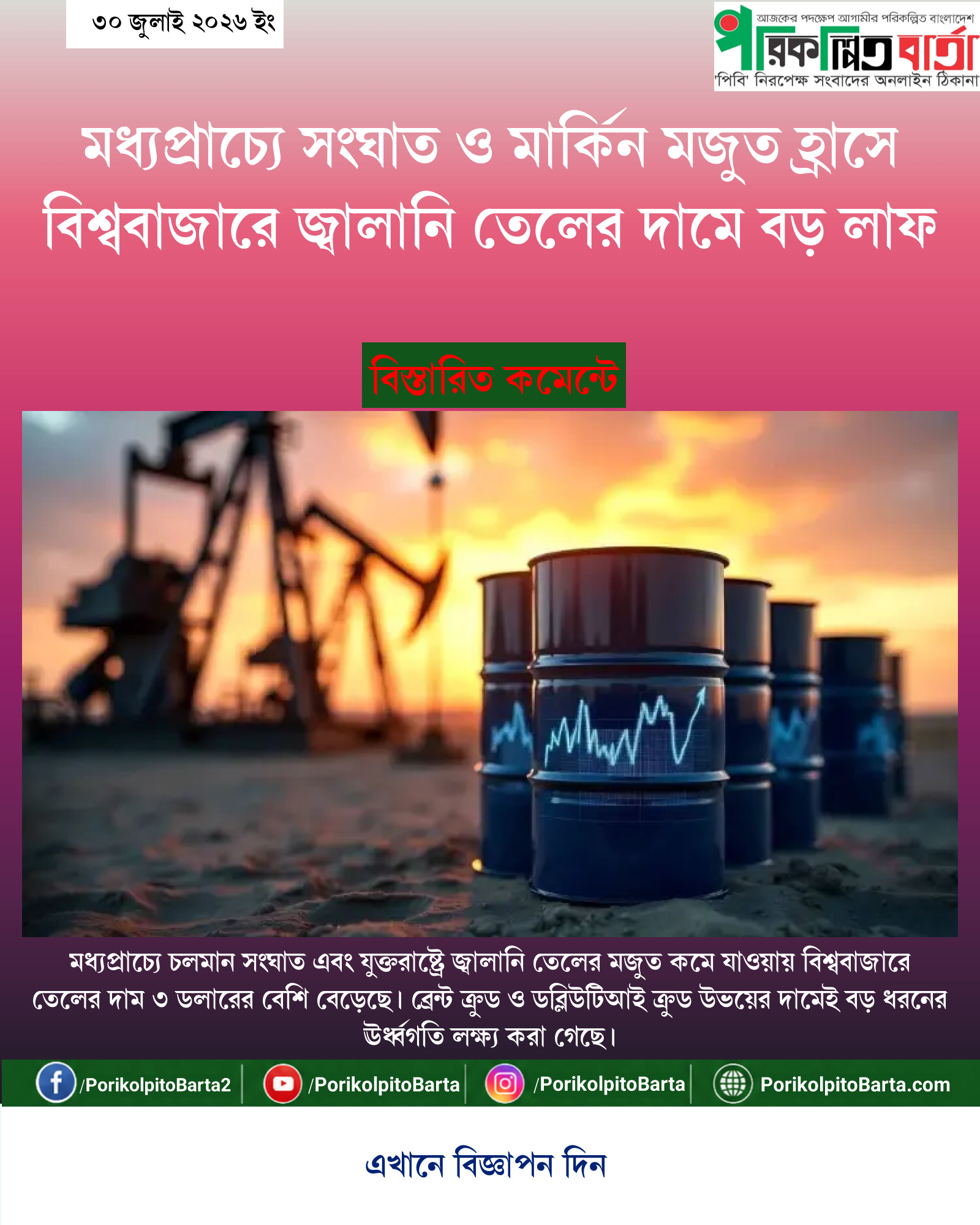 মধ্যপ্রাচ্যে সংঘাত ও মার্কিন মজুত হ্রাসে বিশ্ববাজারে জ্বালানি তেলের দামে বড় লাফ