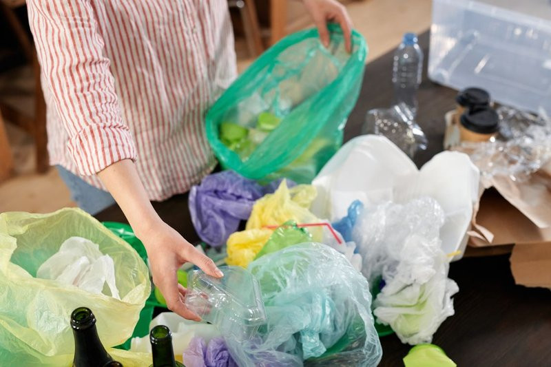 Household plastic waste being sorted for recycling