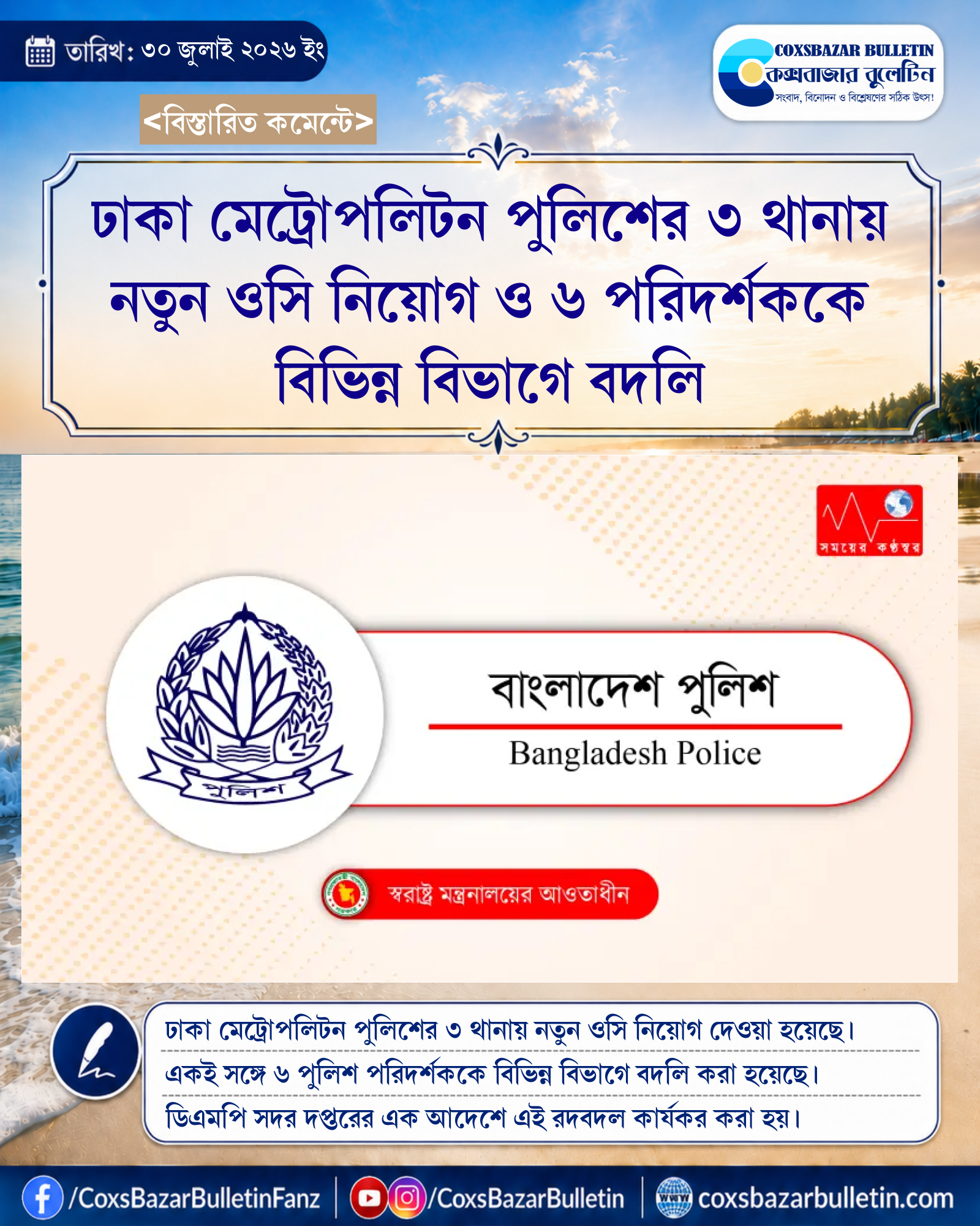 ঢাকা মেট্রোপলিটন পুলিশের ৩ থানায় নতুন ওসি নিয়োগ ও ৬ পরিদর্শককে বিভিন্ন বিভাগে বদলি