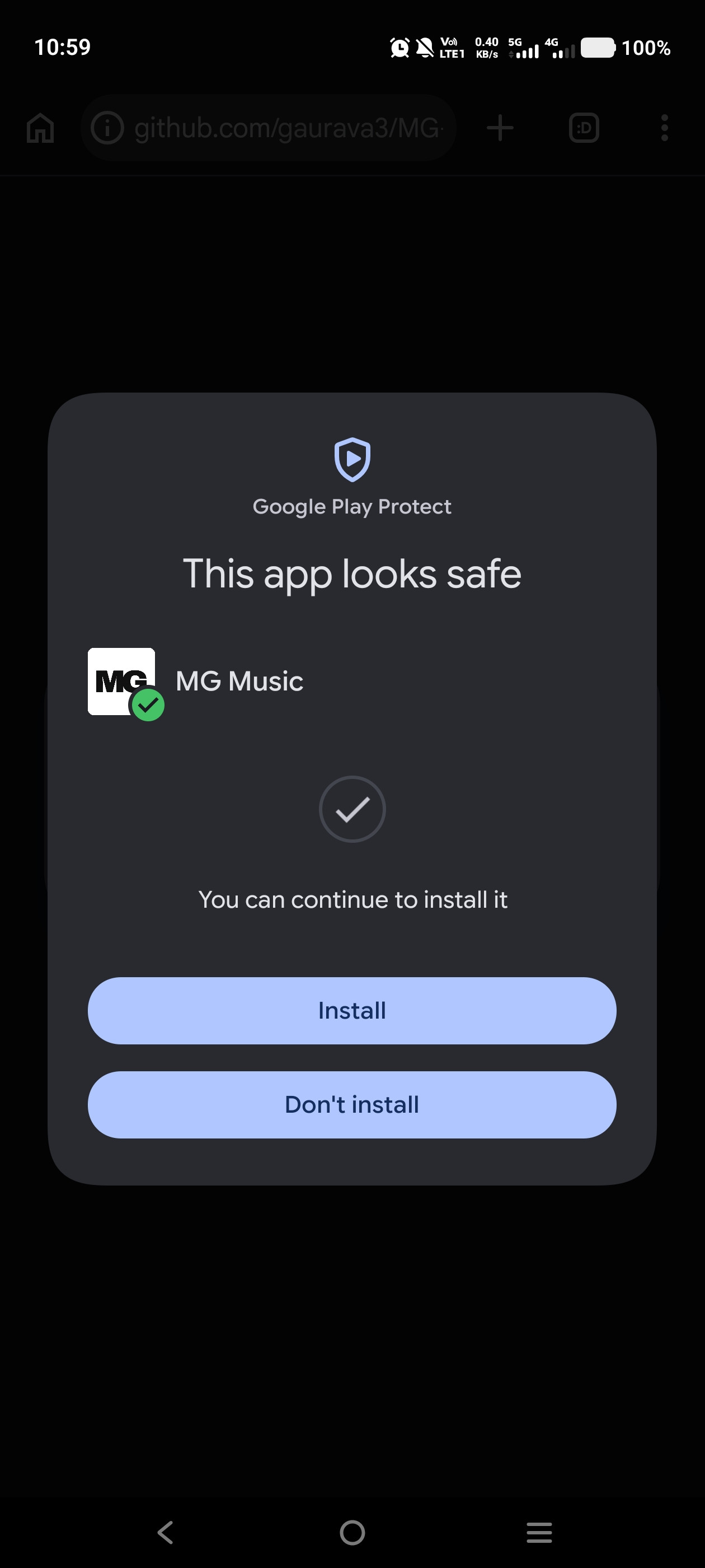 Google Play Protect scan result for MG Music - This app looks safe