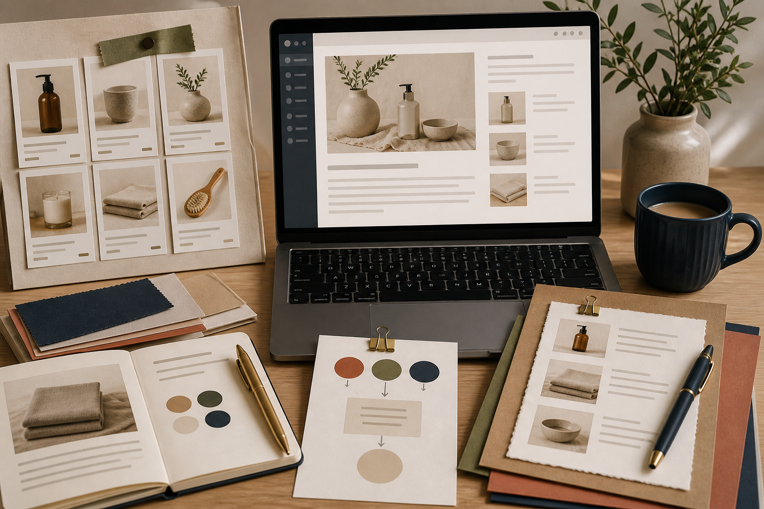 Product context and draft notes arranged around a Shopify blog workflow