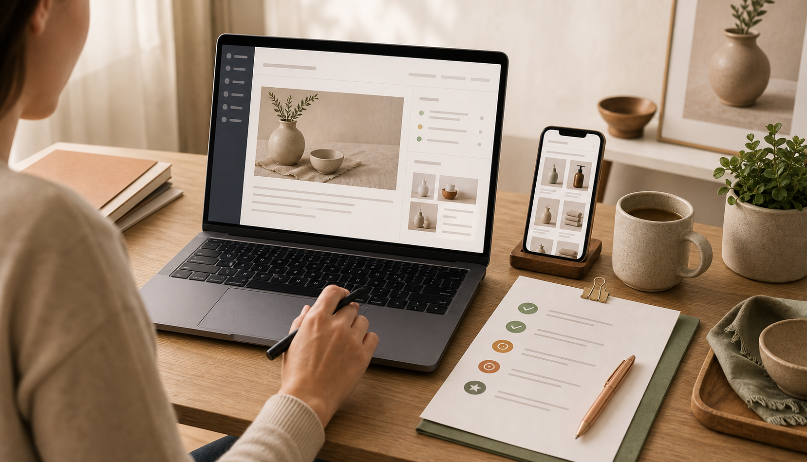 A merchant reviewing a generated blog draft before publishing