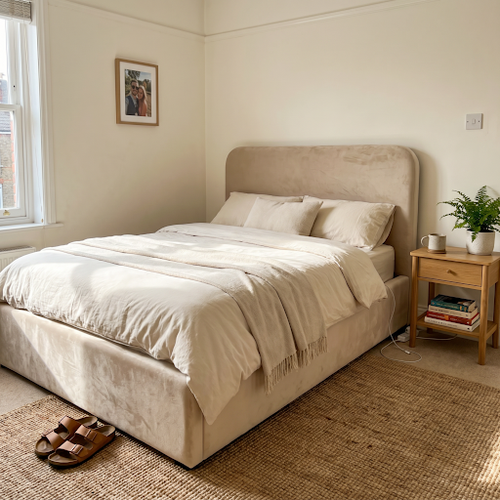 Ottoman Bed Frame in beige — the Frame Detail Stands Up.png