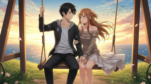 Asuna and Kirito’s Romantic Sunset Moment on a Swing Sword Art Online Fanart.jpg