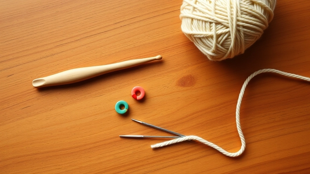 A wooden crochet hook, locking stitch markers, and a tapestry needle arranged neatly next to a ball of yarn.