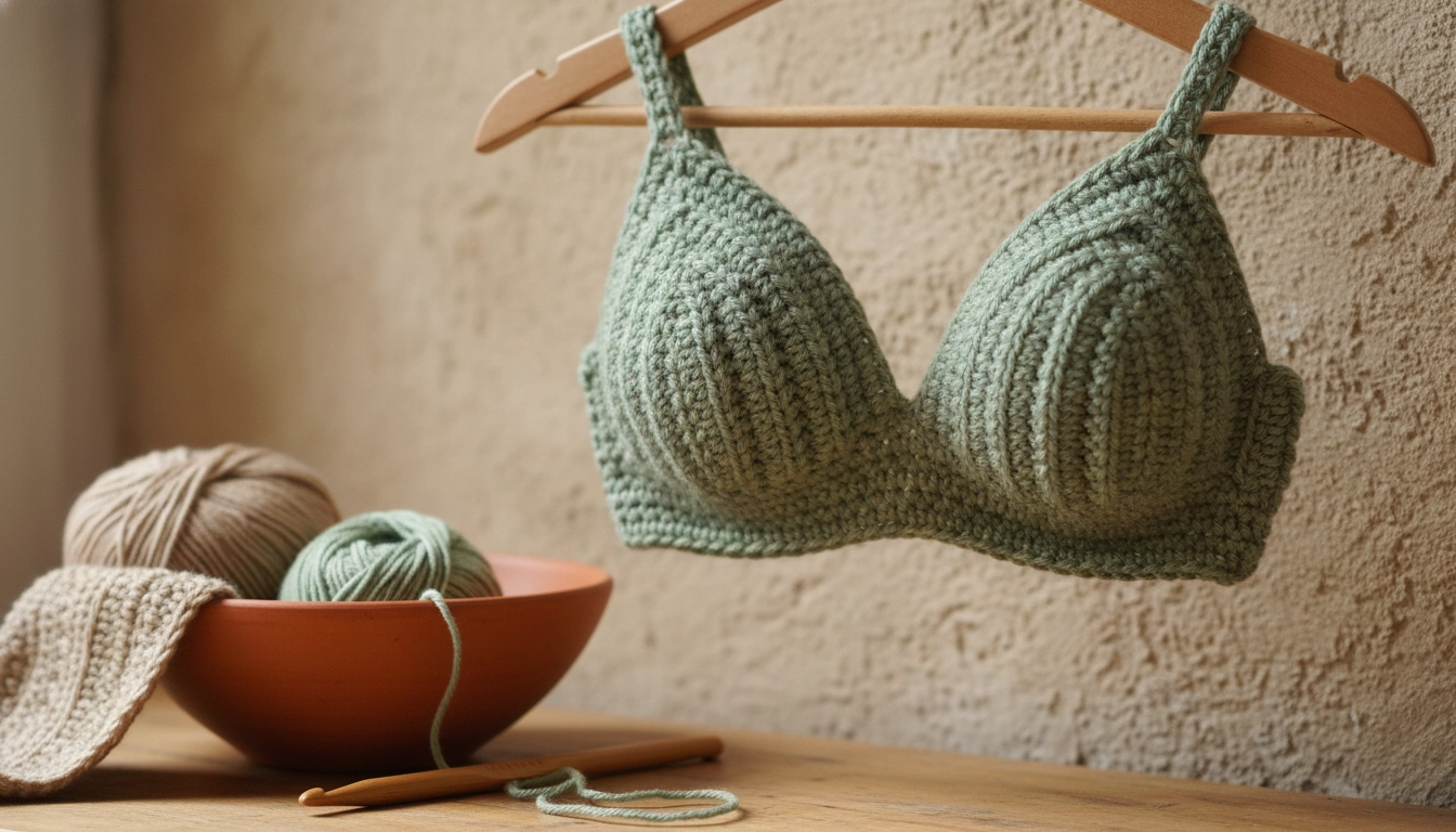 A close-up of a size-inclusive crochet bralette cup highlighting the vertically worked stitch columns.