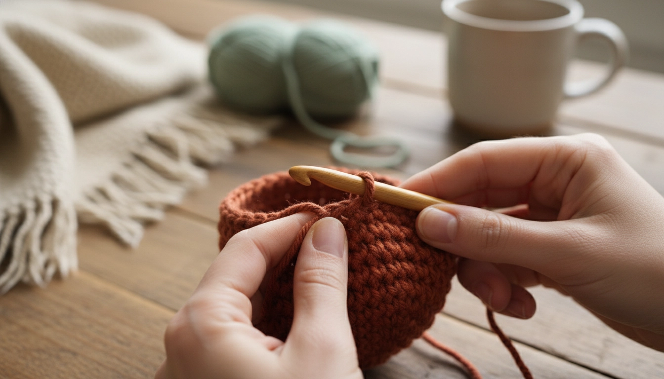 Close-up of a crafter's hands crocheting a warm terracotta-colored cup using a wooden hook.