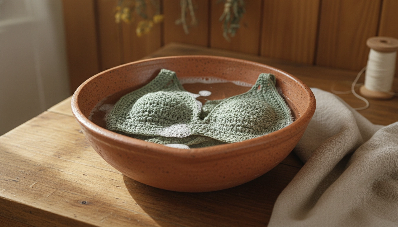 A sage-green crochet bralette soaking gently in a rustic ceramic bowl filled with clean water.
