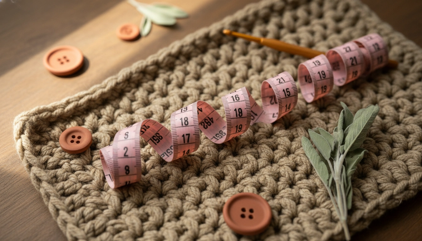 A soft pastel pink measuring tape draped over a textured, cream-colored crochet fabric.