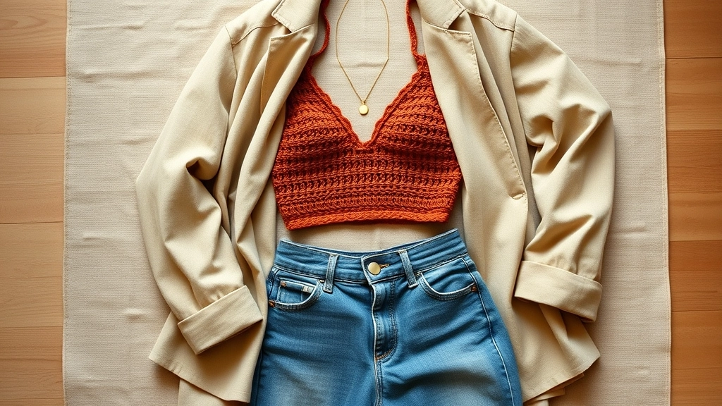 A flat lay outfit featuring a terracotta crochet bralette styled under an oversized beige linen blazer with denim jeans.