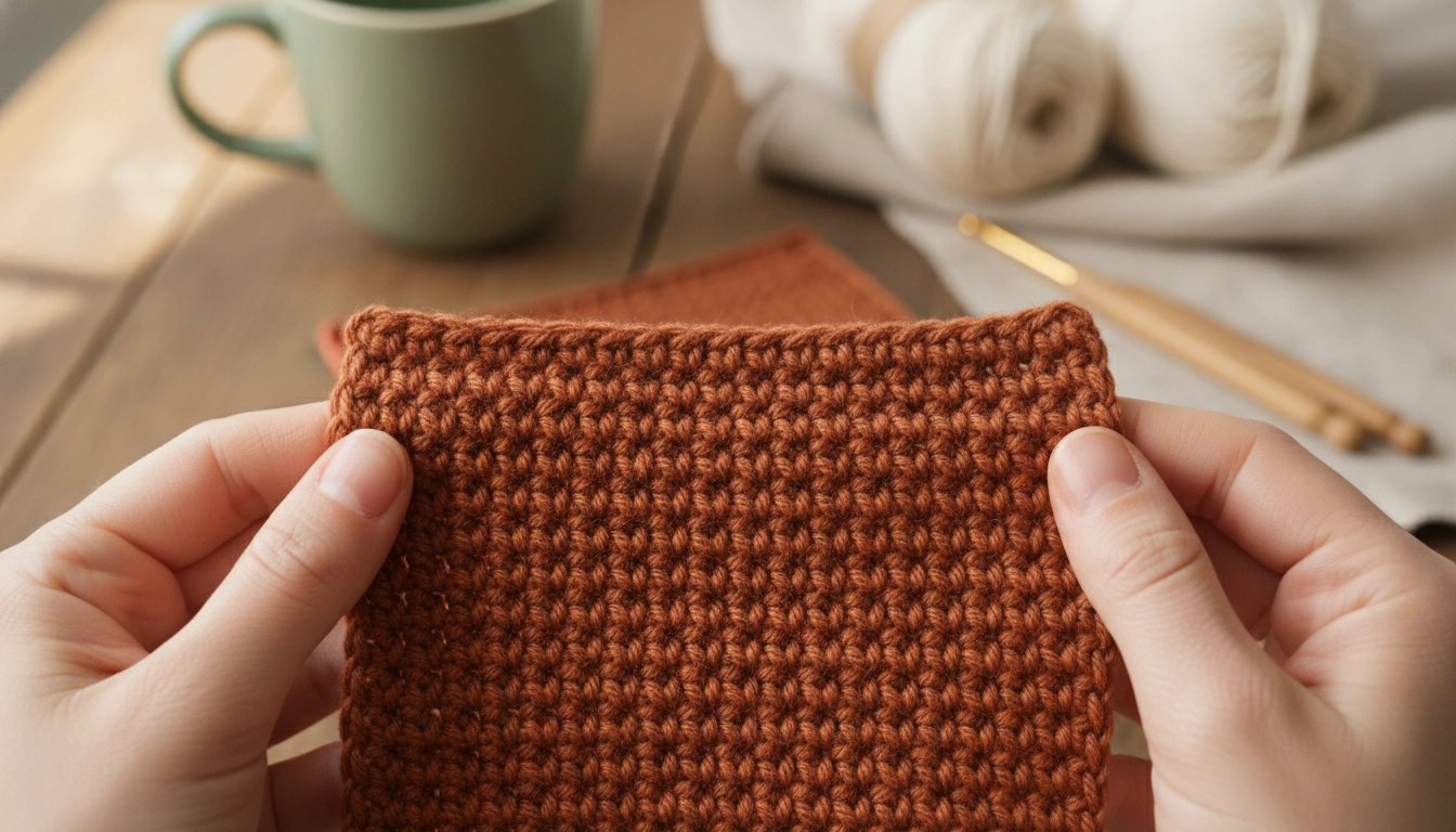 A detailed close-up of dense single crochet stitches demonstrating firm tension in a handmade cotton garment.
