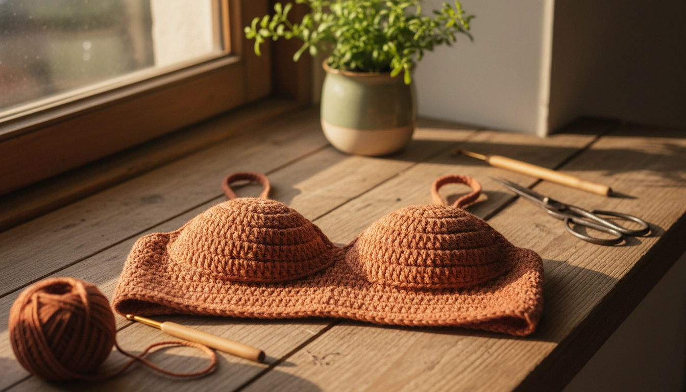 A finished, custom-fit terracotta crochet bralette displayed beautifully on a sunny wooden windowsill.