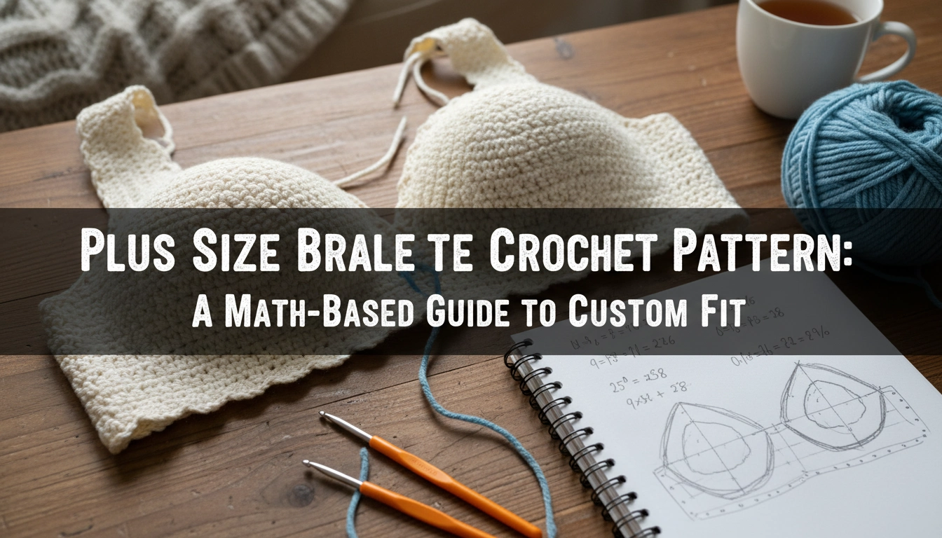 A cozy, amateur flat lay of a work-in-progress plus size bralette crochet pattern with warm cotton yarn, a wooden hook, and a handwritten notebook on a rustic table.