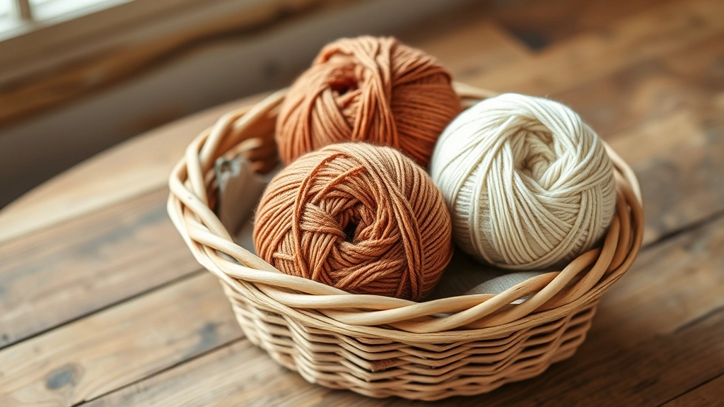 Skeins of organic cotton and linen yarn in warm, earthy tones resting in a rustic basket.