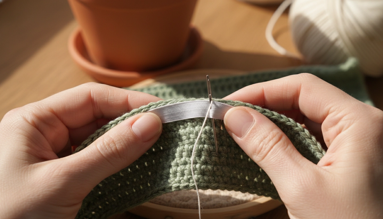 A close-up of hands sewing white flat elastic into the inner band of a sage green crochet top.