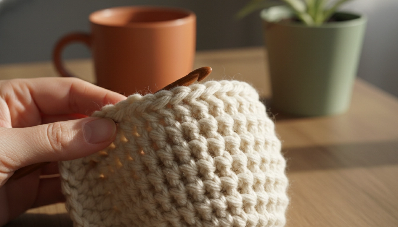 A close-up of hands holding a curved, three-dimensional crochet piece with dense stitches.