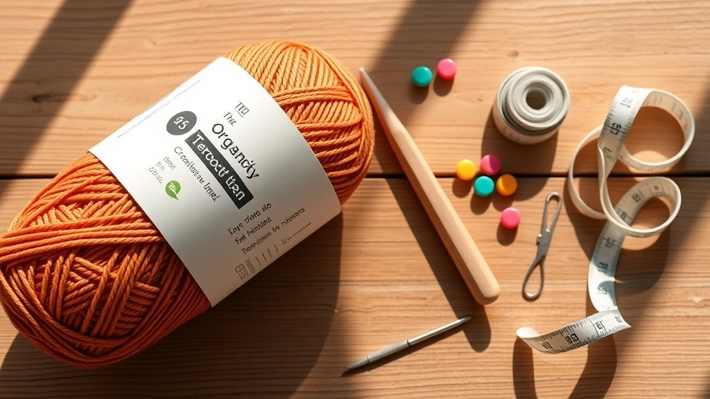 An organized flat lay of a wooden crochet hook, terracotta yarn, stitch markers, and a tape measure.