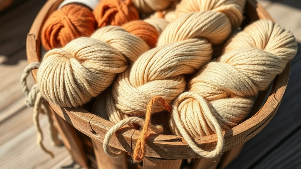 Textured skeins of cream and terracotta organic cotton yarn resting in a rustic basket.