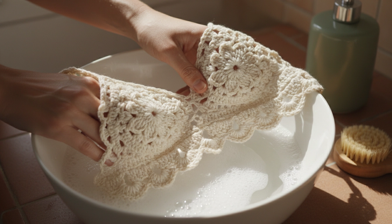 A hand-crocheted top being gently pressed in a basin of clean water with mild soap.