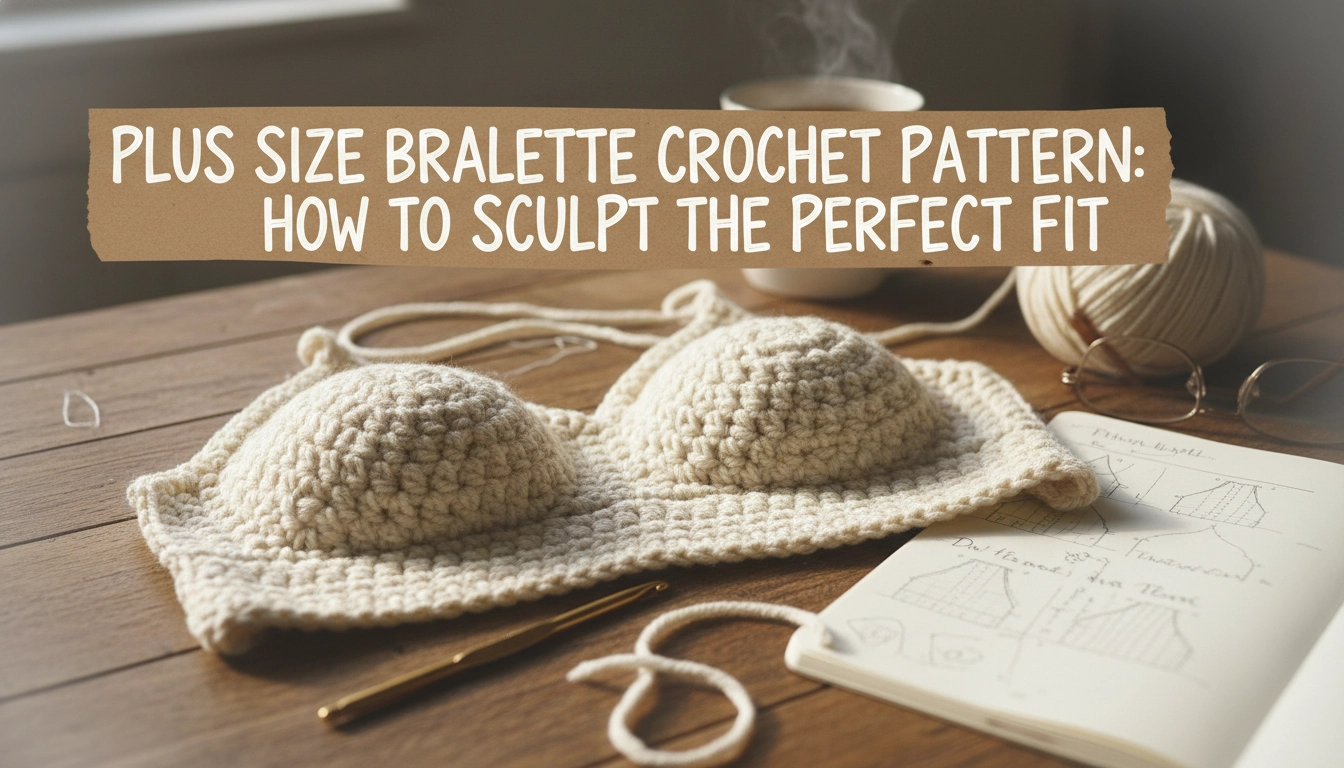 A flat lay of an in-progress plus size bralette crochet pattern made with warm terracotta cotton yarn on a rustic table.