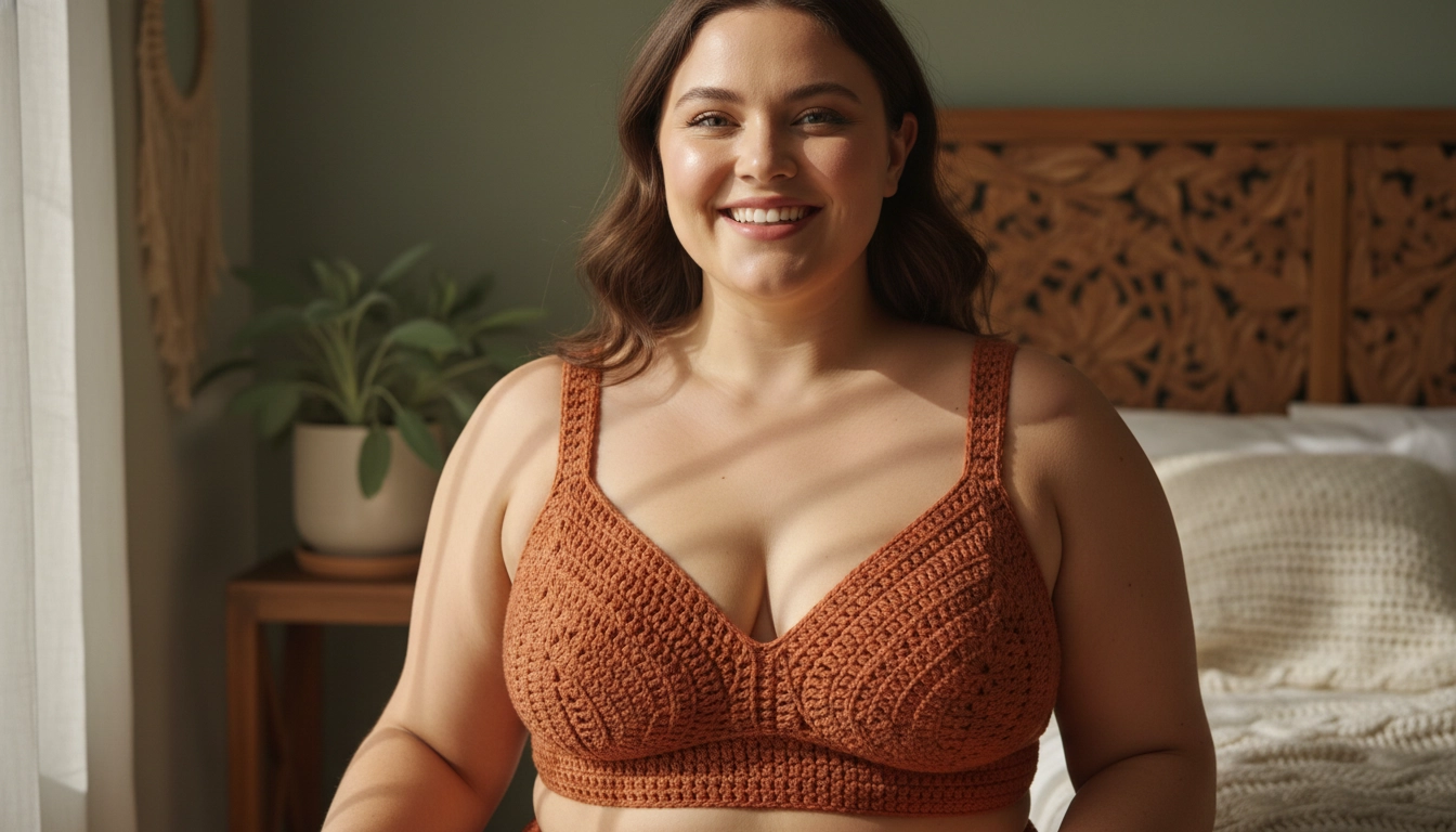 A smiling, curvy woman wearing a beautiful, custom-fit terracotta crochet bralette.