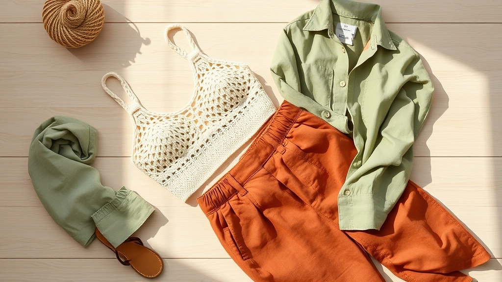 An aesthetic flat lay of a cream crochet bralette styled with high-waisted terracotta linen pants and an open shirt.