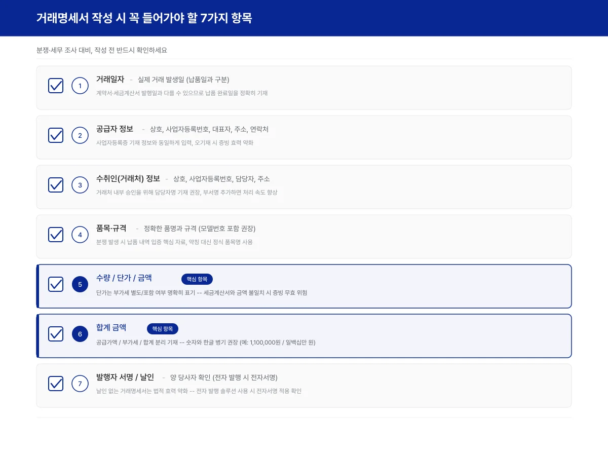 거래명세서 작성 시 꼭 들어가야 할 7가지 필수 기재 항목 체크리스트 — 거래일자, 공급자 정보, 수취인 정보, 품목 규격, 수량 단가 금액, 합계 금액, 발행 번호