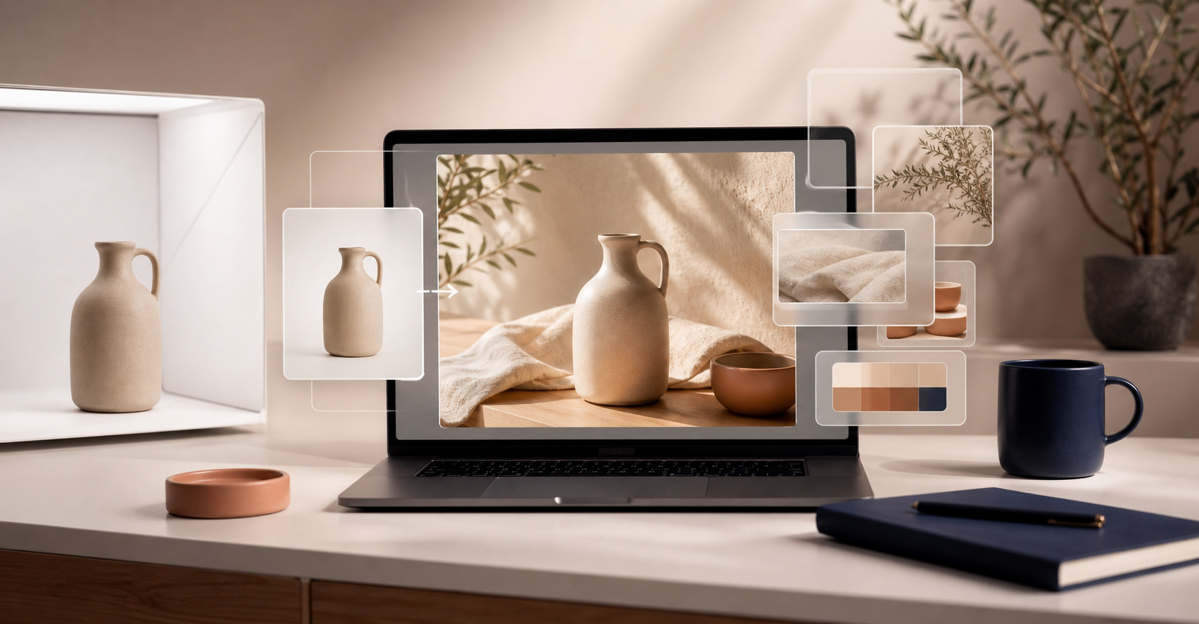 AI product photography workflow on a desk