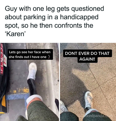 karen questions guy one leg disability sign.jpg