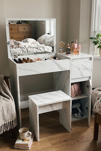 Dressing table with drawers and raised mirror for a small bedroom.png