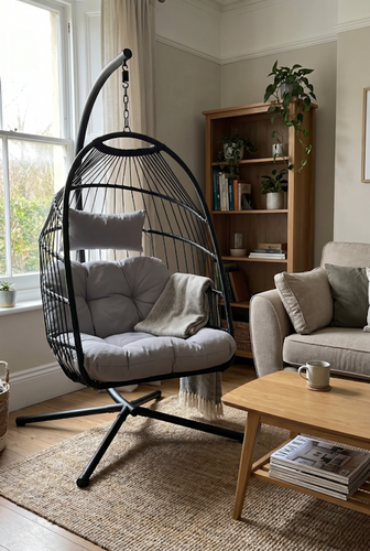 Black egg chair for foldaway garden seating.png