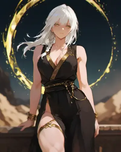 Slow cinematic pan. The giant golden ring of light behind her slowly rotates casting a warm magical .webp