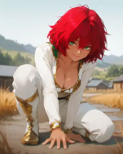 Slow camera zoom in The crouching red haired woman slowly turns her head toward the camera and smil.webp