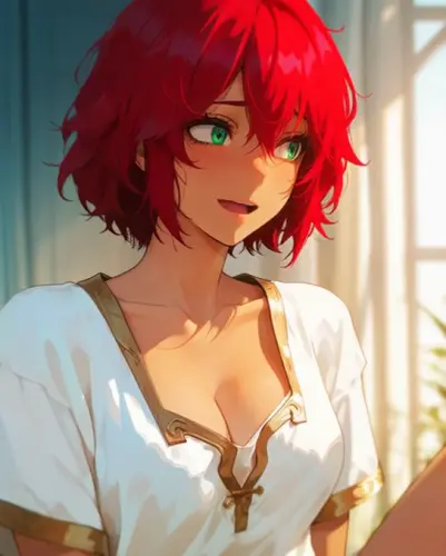 Subtle camera pan The red haired woman looks around her messy room with a slightly embarrassed expr.webp