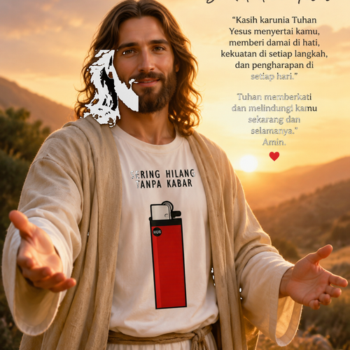 帮我把这张图片穿在耶稣身上 并且要写一段耶稣的祝福语 以印尼的形式 WHITE.png