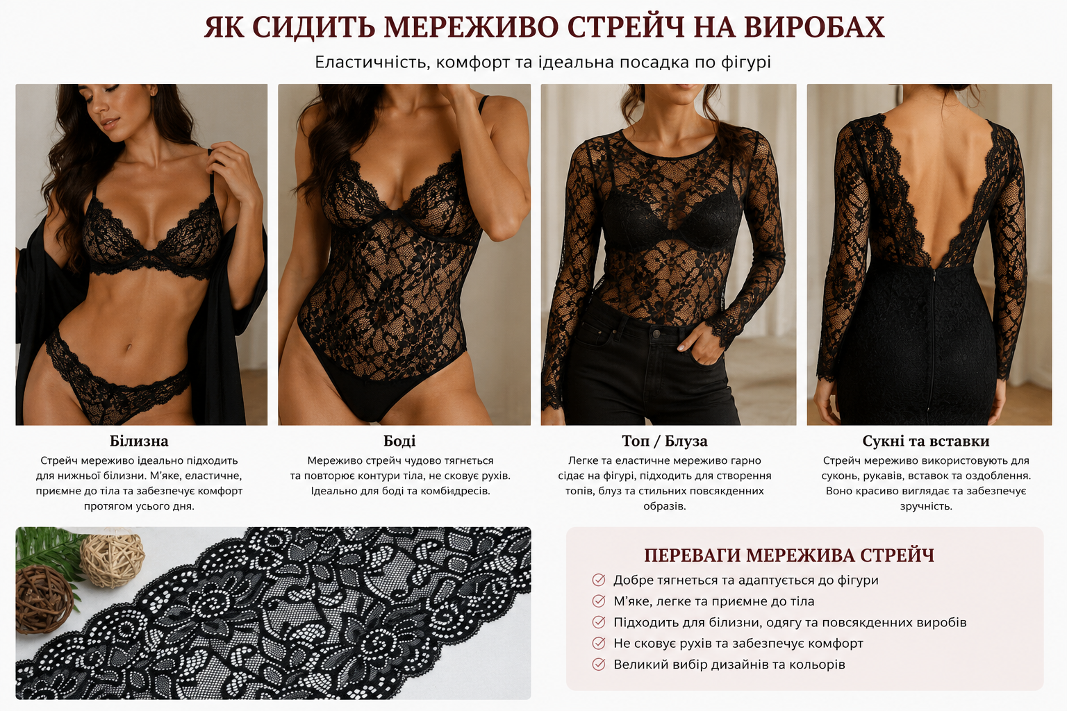 Стрейч мереживо для білизни та одягу