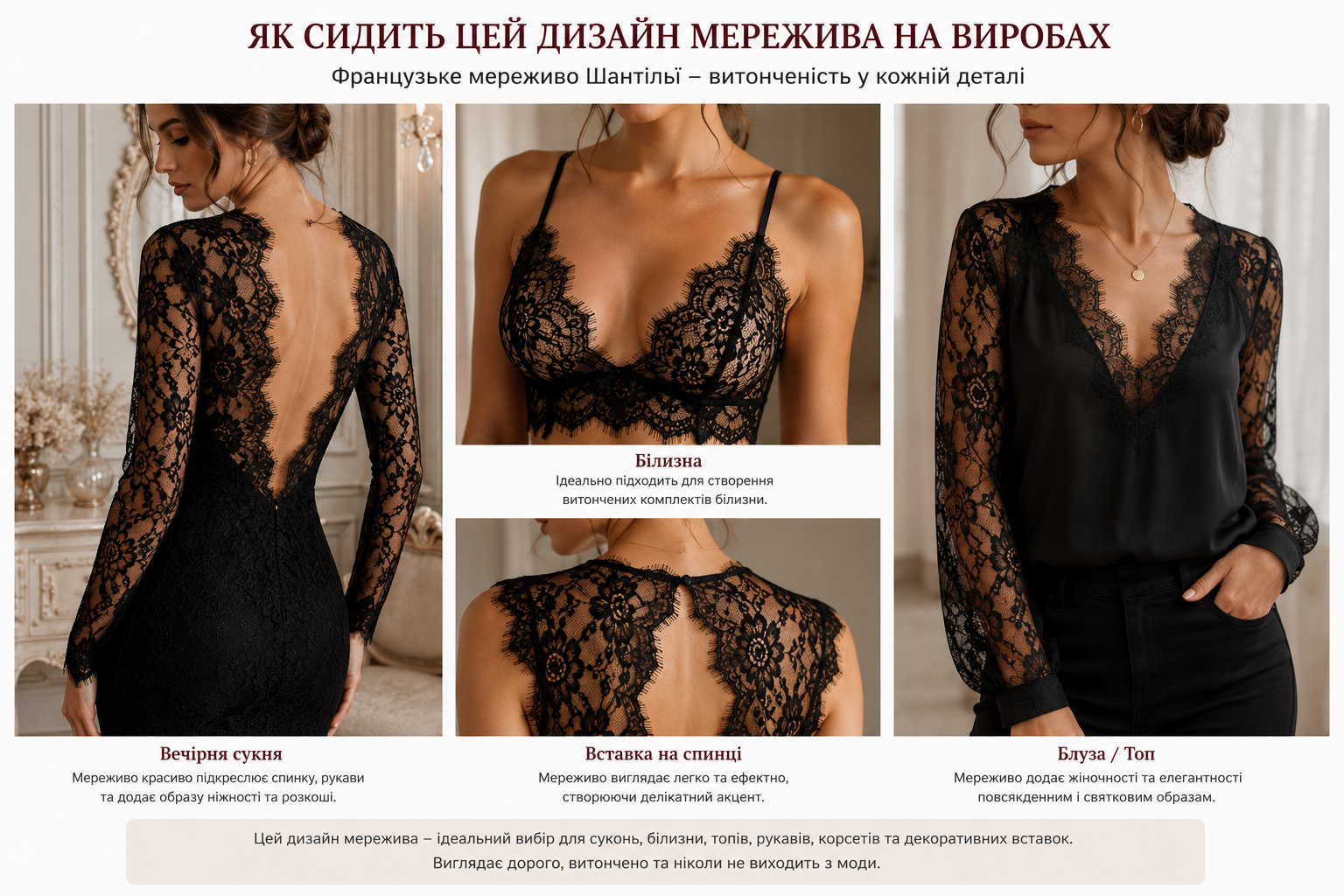 Французьке мереживо Шантільї на виробах
